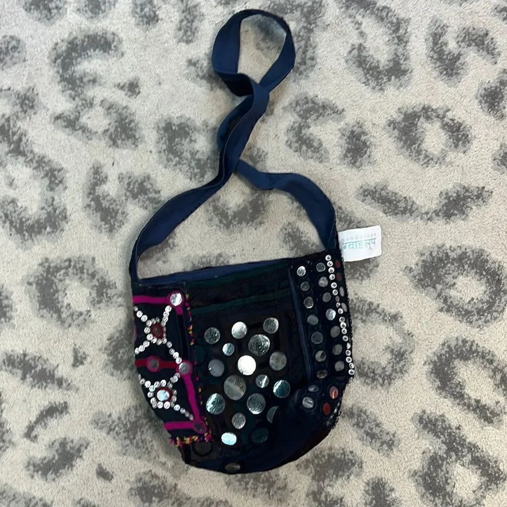 NWT - Blue Crossbody Bucket Bag - Handmade - Hand Embroidered NAVY BAG